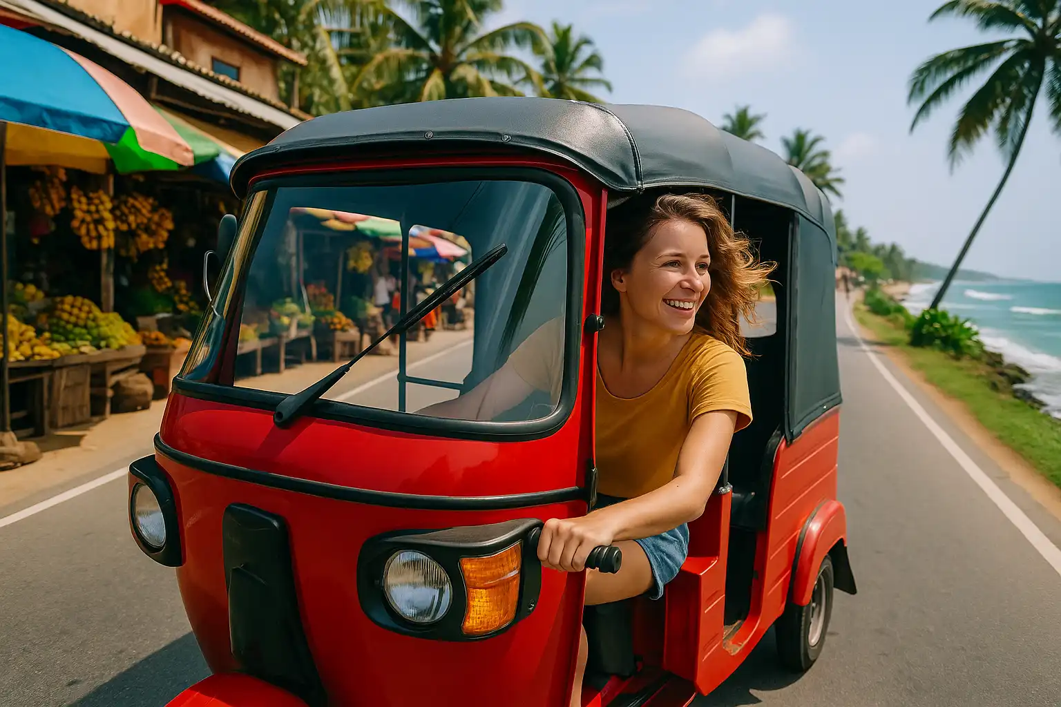 Young traveler driving a red tuk tuk along Sri Lankan coast near a local market – Tuk Tuk Rental Sri Lanka