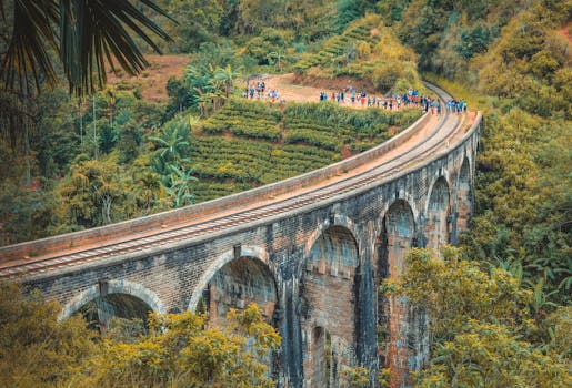 Aerial view of the iconic Nine Arches Bridge surrounded by lush greenery in Ella, Sri Lanka, with tourists enjoying the sight.